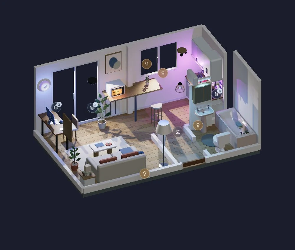 Apartment 3D home with purple and blue lighting